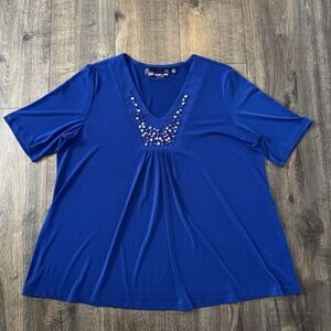 Susan Graver Women's Sz L Pullover Shirt Short Sleeves Blue Stretchy Work School